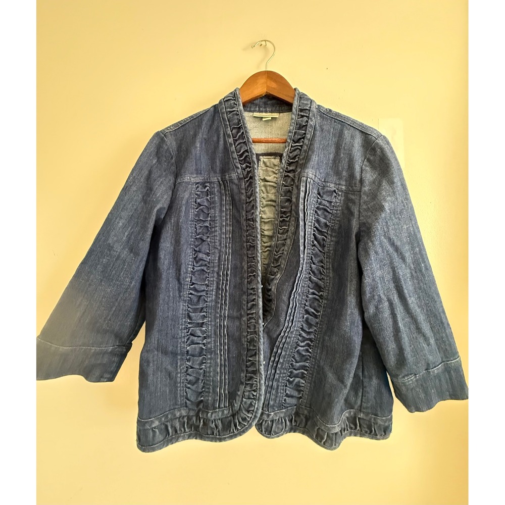 Dressbarn Womens XL Denim Jacket Dark Wash Ruffle Trim Hook Eye 3/4 Sleeve Coat